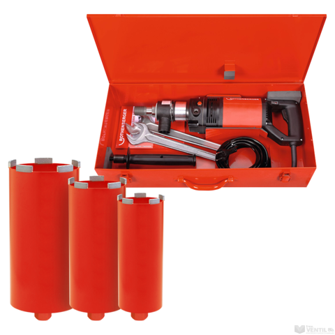 Rothenberger Rodiadrill 1800 Dry szabad kézi fúrórendszer 80-110-130 mm-es fúrókoronákkal, megvezető tüskével és távtartólemezekkel, szerszámokkal kofferben